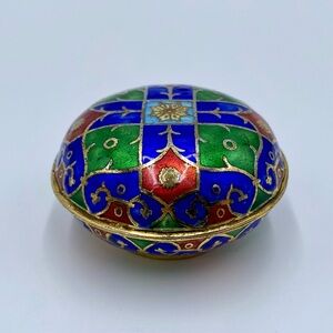 Vintage Asian Chinese Enameled Cloisonne Metal Lidded Trinket Jewelry Box 2 1/2"